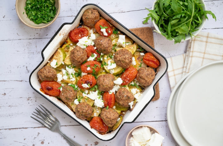 Feta Baked Meatballs with Zucchinis and Cherry Tomatoes