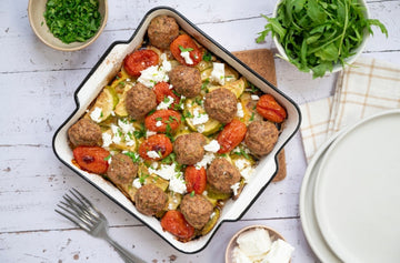 Feta Baked Meatballs with Zucchinis and Cherry Tomatoes